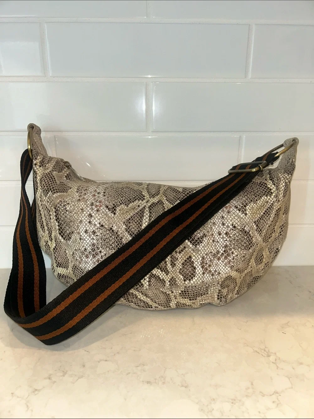 By Anthropologie Snake Print Leather Hobo Bag Shoulder Bag crossbody